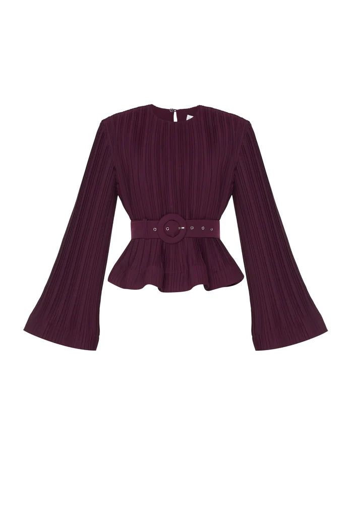 Pleated flared-sleeve top and maxi skirt set with waist belt – Rosiny