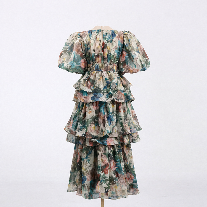 ruffled tiered midi dress with puff sleeves – MOHAMED