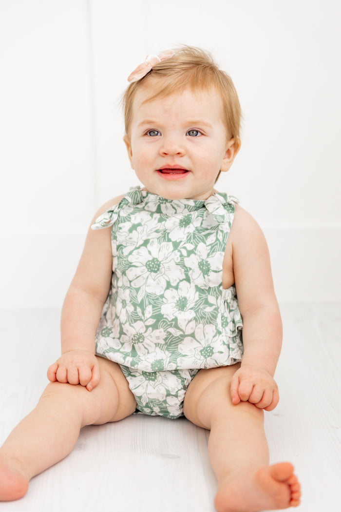 Sage-Green Floral Printed Ruffled Romper Yo Baby India