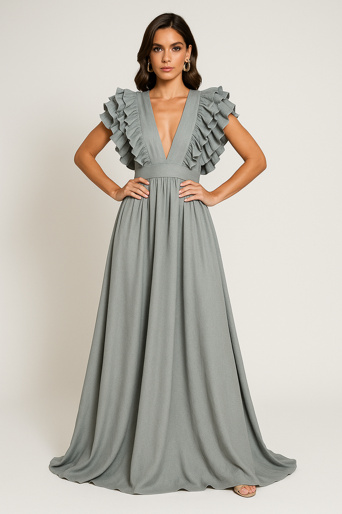 Scarlett - Women's Fall Wedding Guest Dress with Ruffle Sleeves and V Neckline