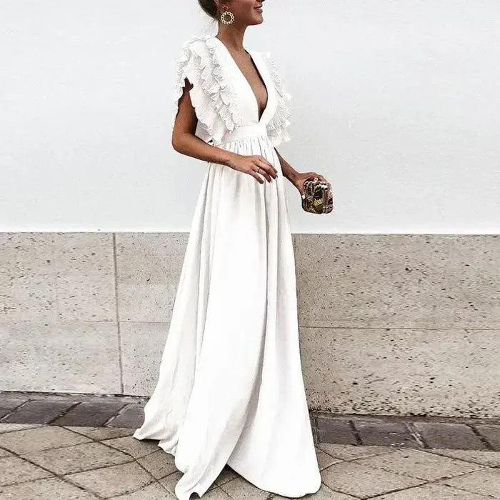 Sophia - Elegant Women's Wedding Guest Dress with Ruffle Sleeves and V-Neck
