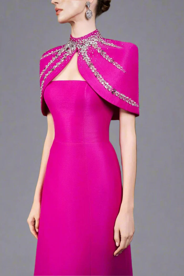 Strapless A-line dress with embellished shoulder cape - SERENA
