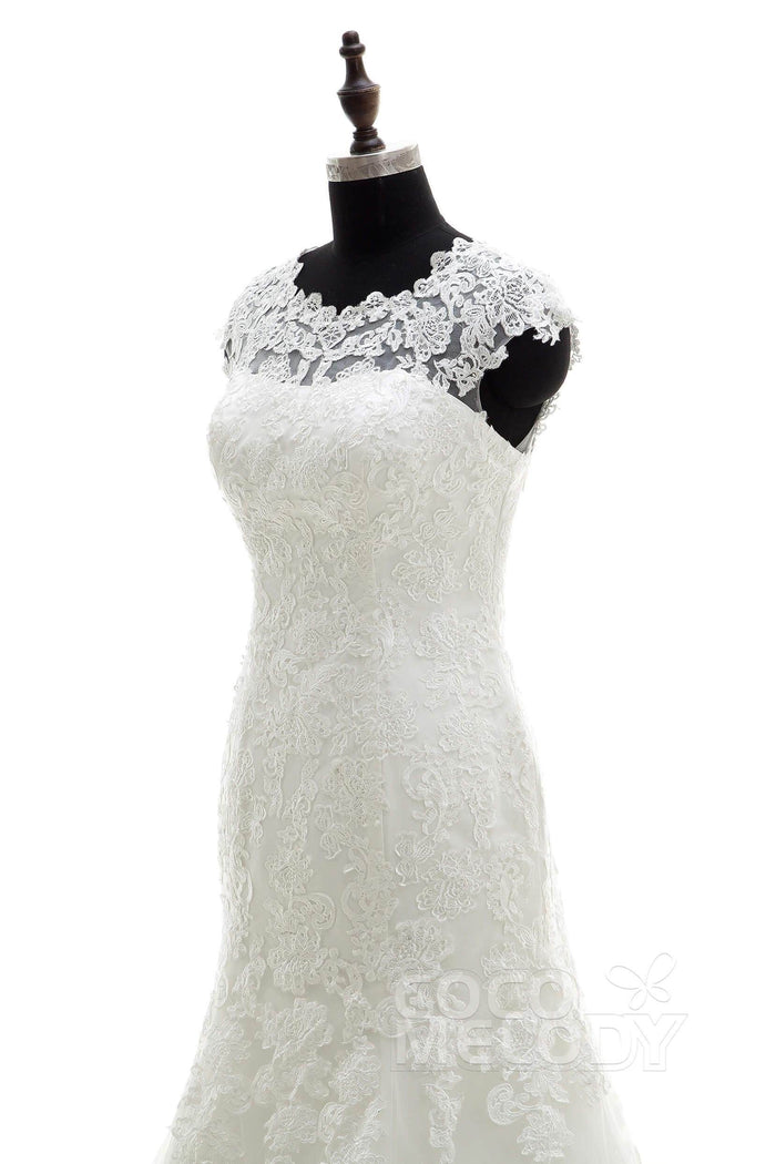 Trumpet Chapel Train Tulle Wedding Dress LWAT1503ECR - COCOMELODY