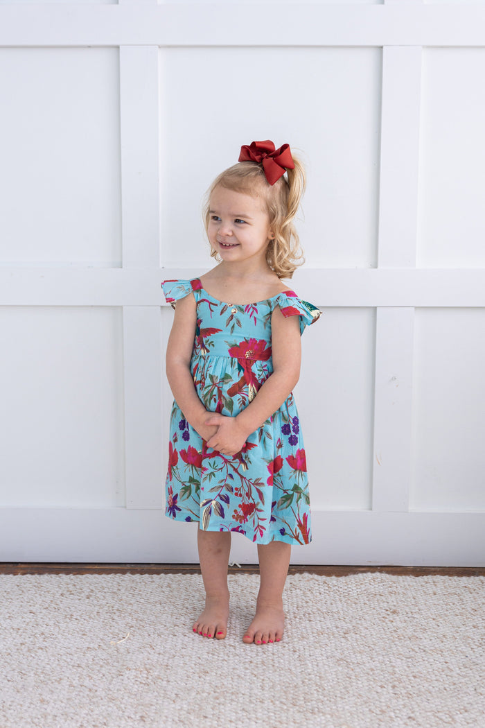 Turquoise Bird Printed Sleeve Ruffled Gathered Dress dress & diaper cover Yo Baby India