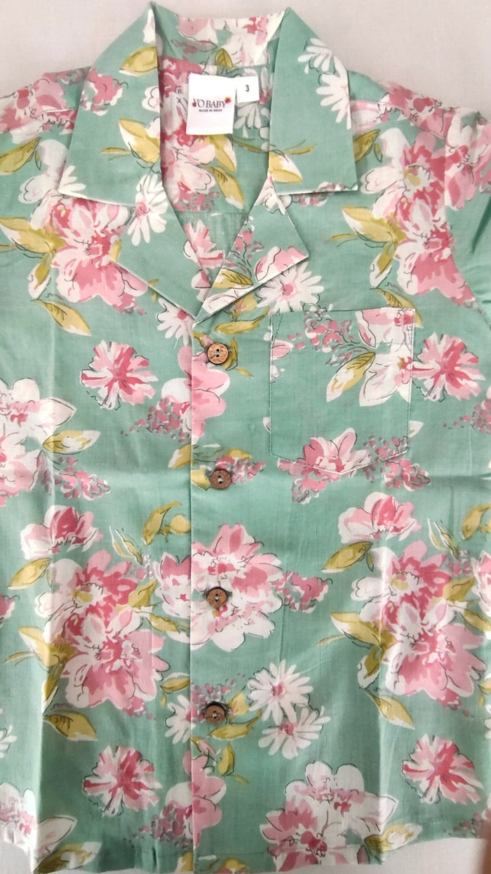 Unisex Kids' Green Floral Print Cotton Shirt & Striped Shorts Set shirt & shorts Yo Baby India
