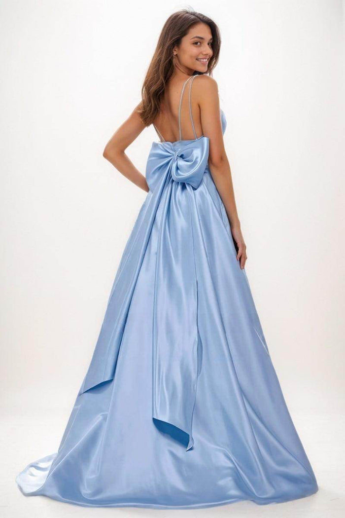 V-Neck A-Line Sweep Train Satin Prom Dresses With Bow(s) CS0727 - COCOMELODY
