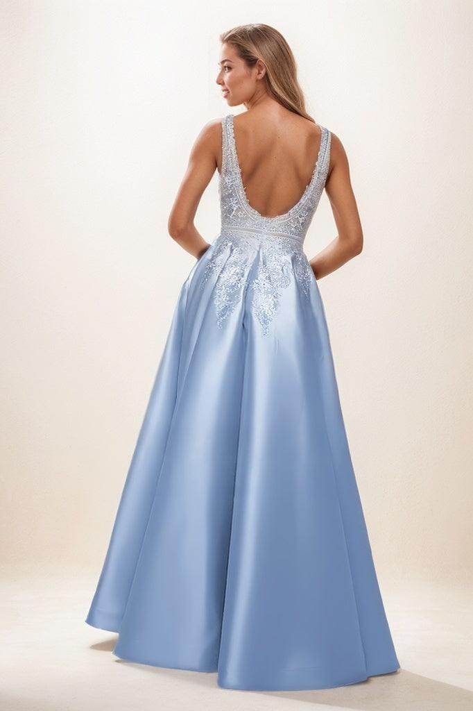 V-Neck Sleeveless Plunge Neck Satin Prom Dresses With Lace CS0837 - COCOMELODY