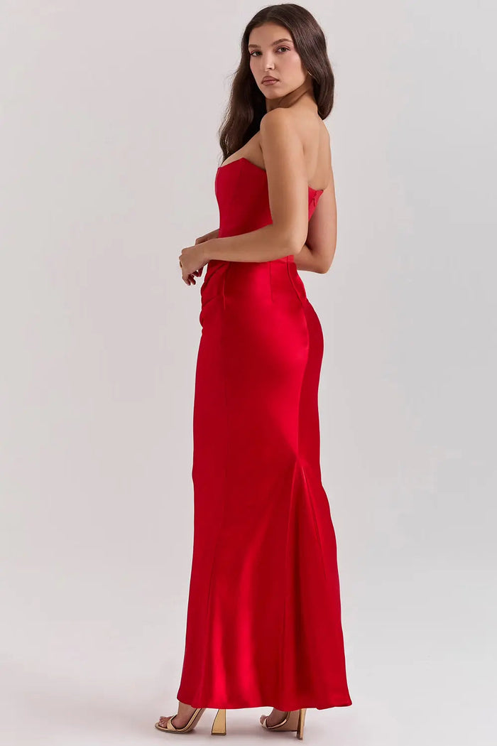 Victoria - Chic Women's Wedding Guest Maxi Dress with Corset Bodice and Draped Skirt
