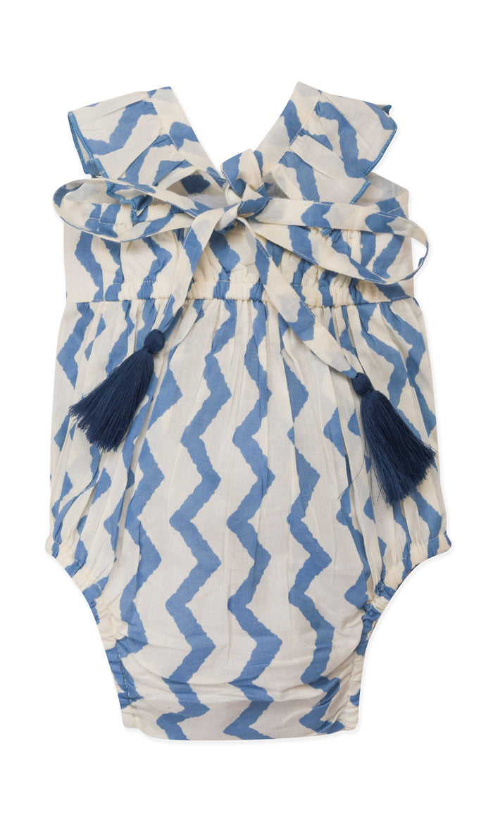 White & Blue Zig-Zag Print Bubble Romper Yo Baby India