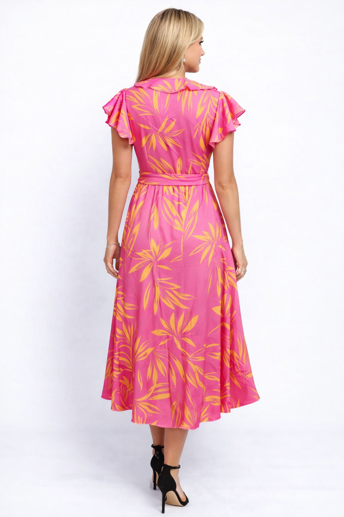 Wrap midi dress with ruffled V-neck and leafy print – EMERALD