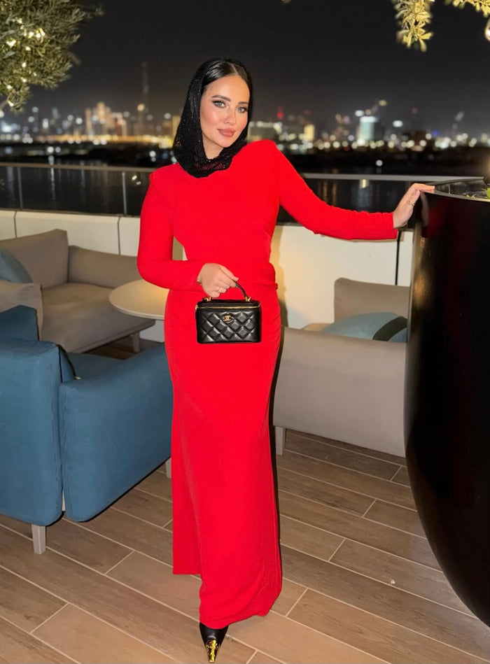 long-sleeve column gown with asymmetrical drape – FIERY