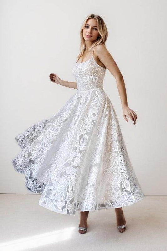 A-Line Ankle Length Lace Wedding Dress CW3425 - COCOMELODY