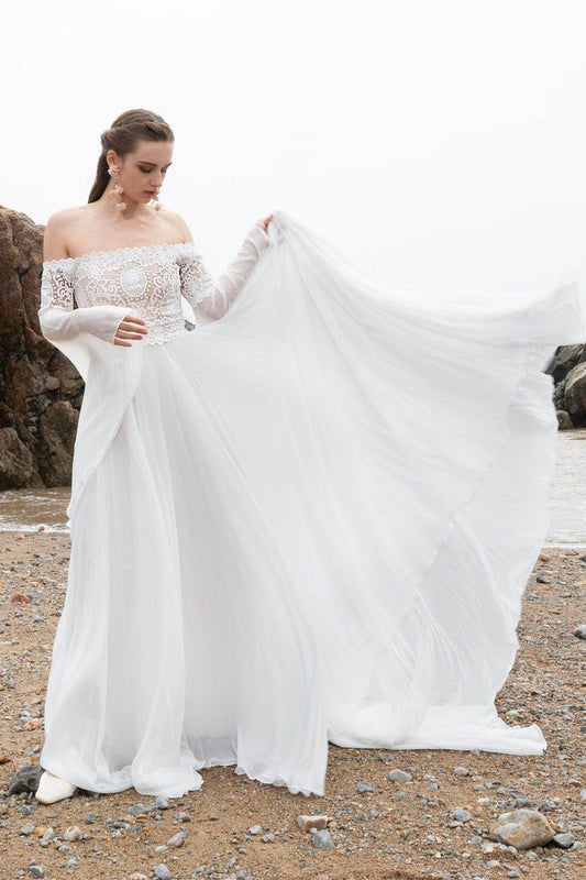 A-Line Court Train Chiffon Lace Wedding Dress CW2223CR - COCOMELODY