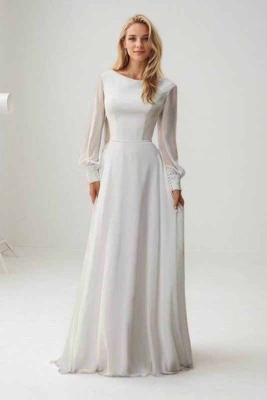 A-Line Court Train Elastic Cloth Chiffon Wedding Dress CW3445 - COCOMELODY