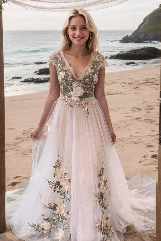 A-Line Court Train Lace Tulle Wedding Dress CW3509 - COCOMELODY
