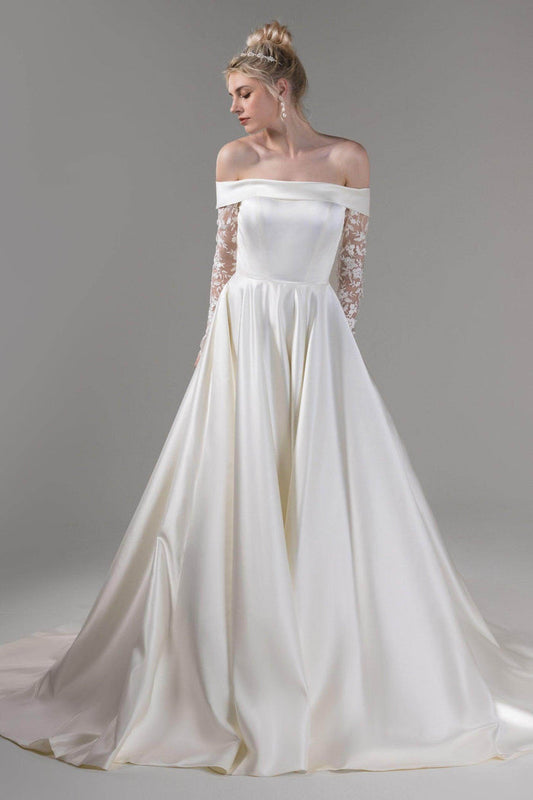 A-Line Court Train Satin Wedding Dress CW2655CR - COCOMELODY