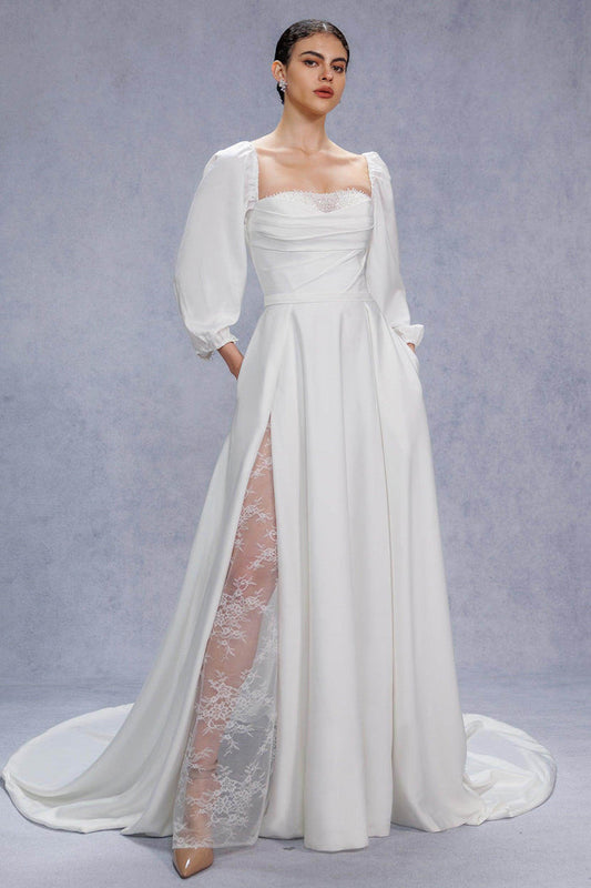 A-Line Court Train Satin Wedding Dress CW3329 - COCOMELODY