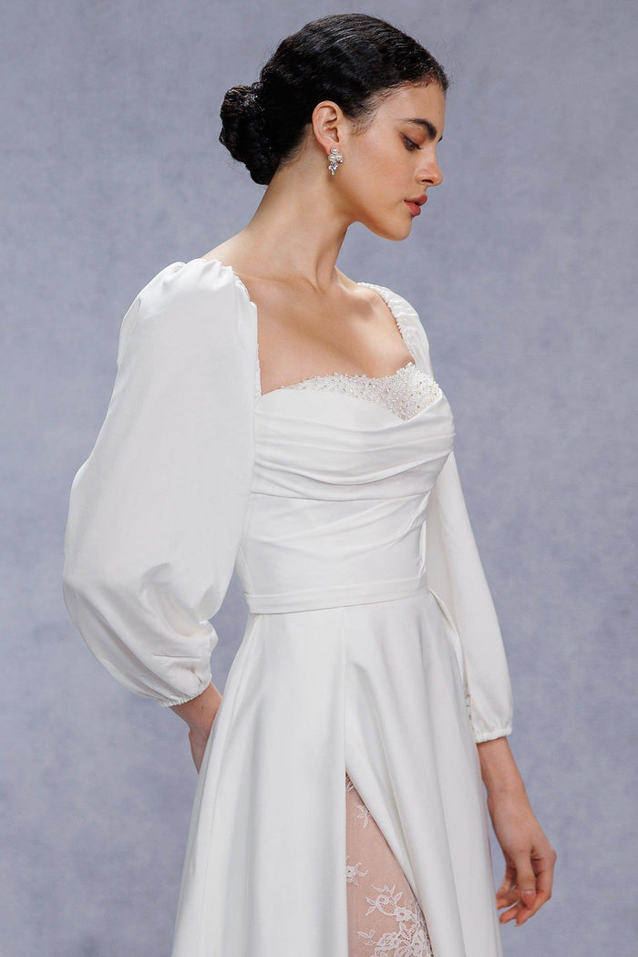 A-Line Court Train Satin Wedding Dress CW3329 - COCOMELODY