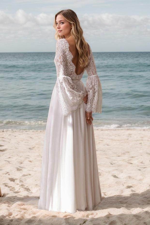A-Line Floor Length Lace Chiffon Wedding Dress CW3518 - COCOMELODY