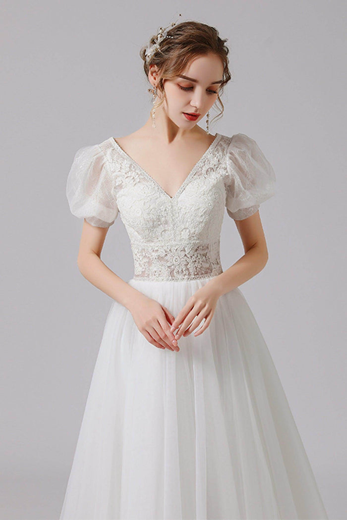 A-Line Floor Length Lace Tulle Wedding Dress CW2707 - COCOMELODY