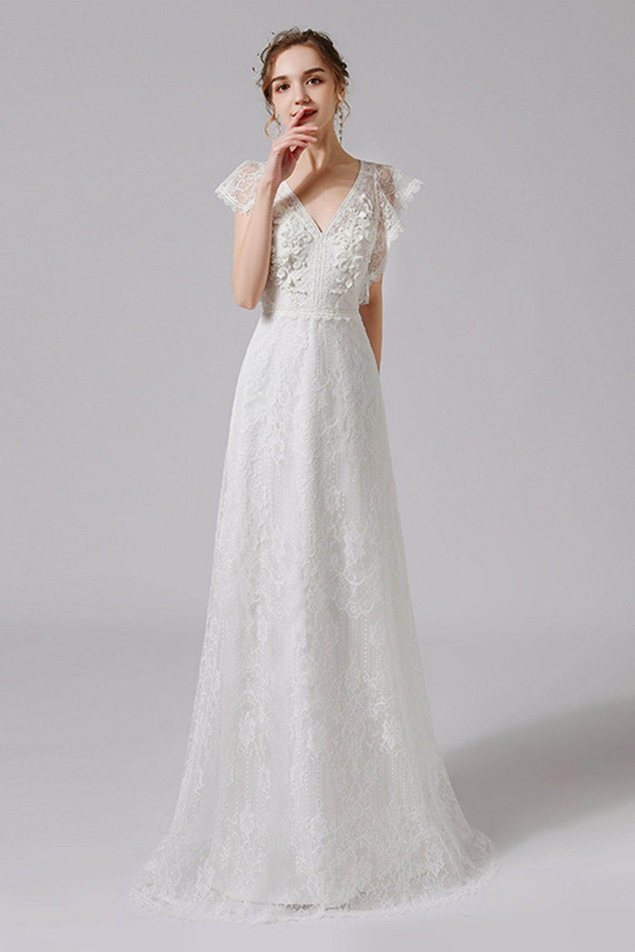 A-Line Floor Length Lace Tulle Wedding Dress CW2708 - COCOMELODY