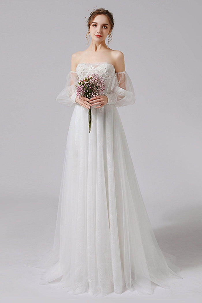 A-Line Floor Length Lace Tulle Wedding Dress CW2712 - COCOMELODY