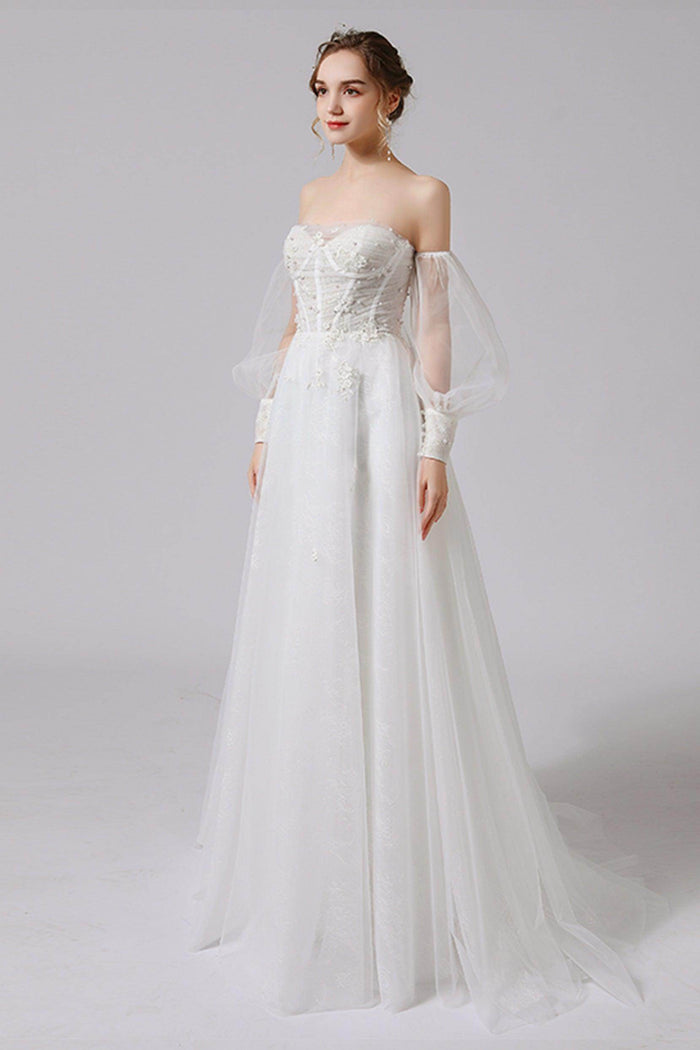 A-Line Floor Length Lace Tulle Wedding Dress CW2712 - COCOMELODY