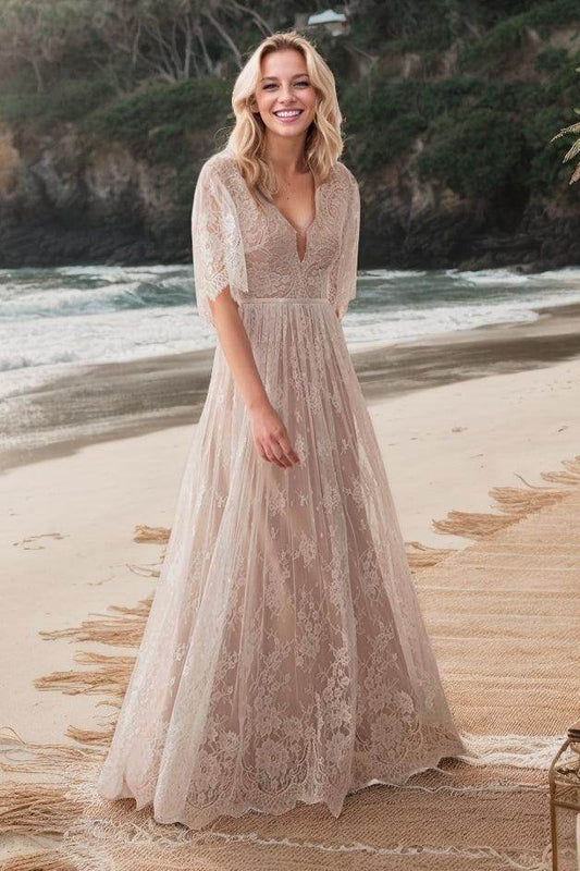A-Line Floor Length Lace Wedding Dress CW3520 - COCOMELODY