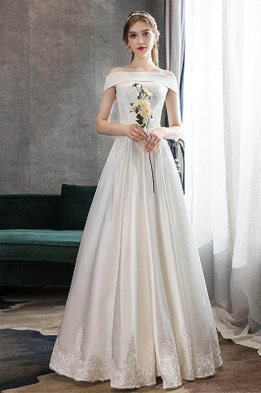 A-Line Floor Length Satin Wedding Dress 615186748563 - COCOMELODY