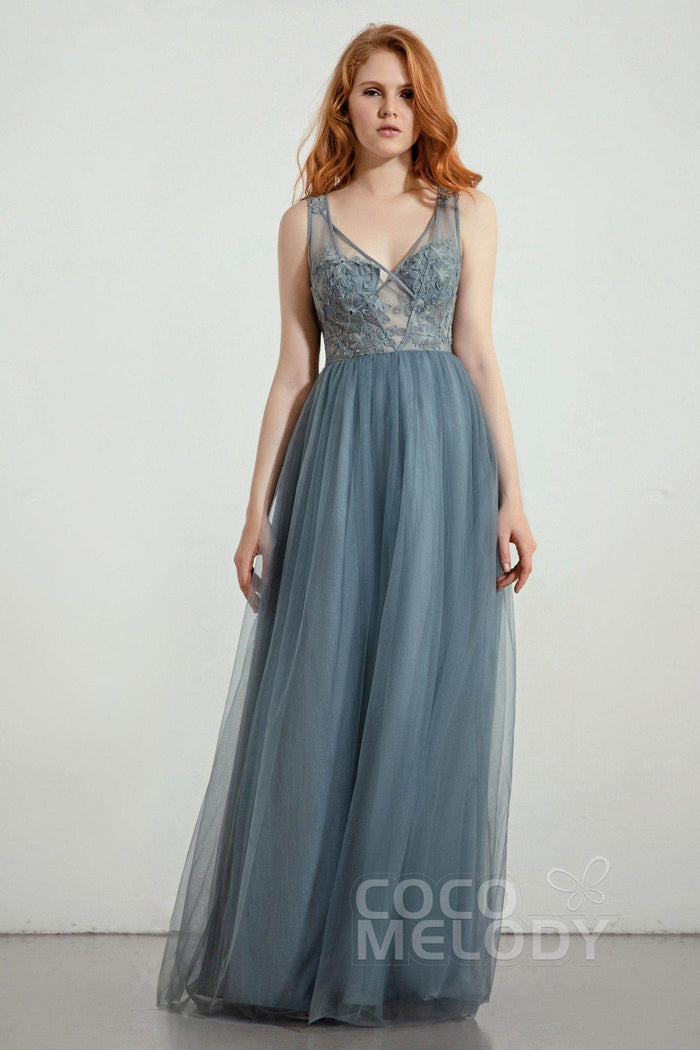 A-Line Floor Length Tulle Lace Bridesmaid Dress CB0436 - COCOMELODY