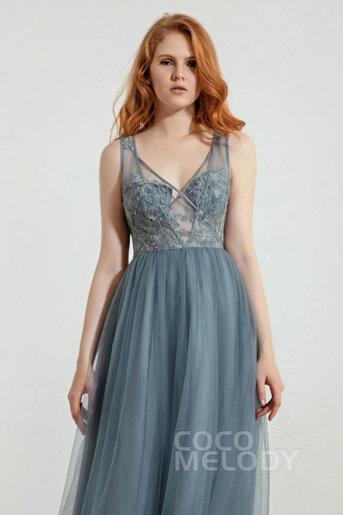 A-Line Floor Length Tulle Lace Bridesmaid Dress CB0436 - COCOMELODY