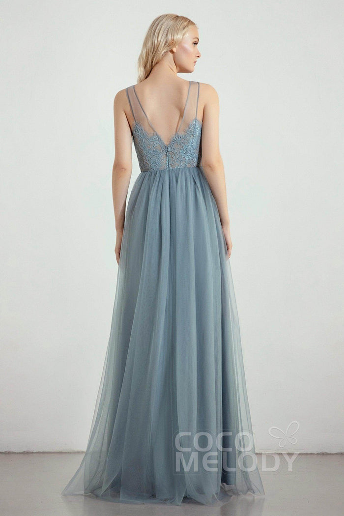 A-Line Floor Length Tulle Lace Bridesmaid Dress CB0439 - COCOMELODY