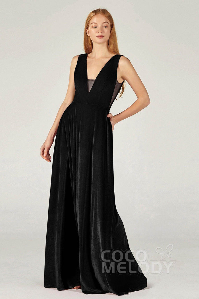 A-Line Floor Length Velvet Bridesmaid Dress CB0364CR - COCOMELODY