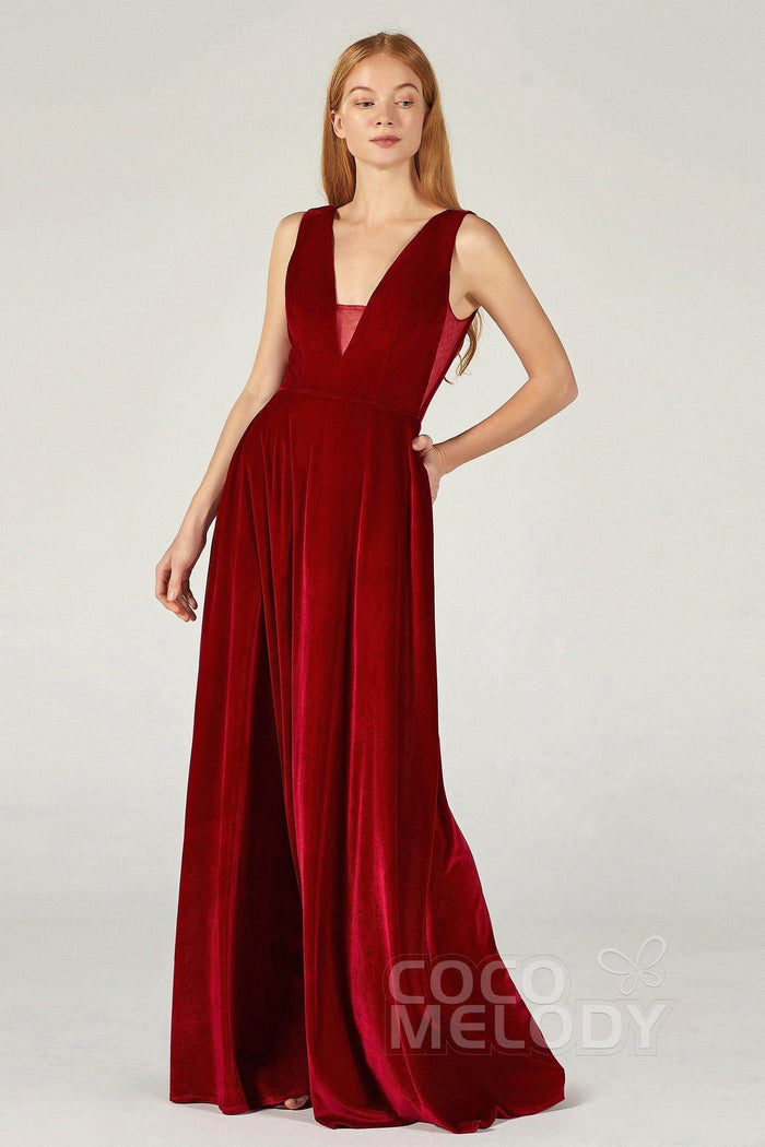 A-Line Floor Length Velvet Bridesmaid Dress CB0364CR - COCOMELODY