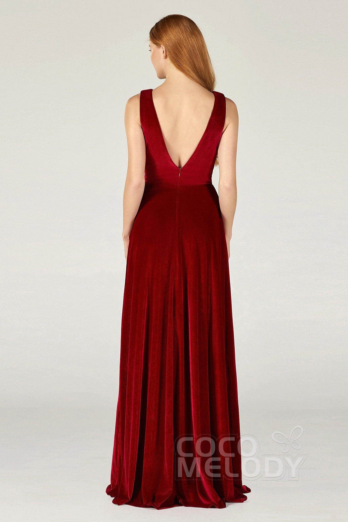 A-Line Floor Length Velvet Bridesmaid Dress CB0364CR - COCOMELODY
