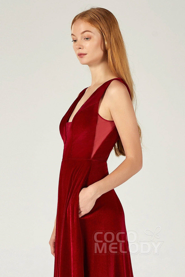 A-Line Floor Length Velvet Bridesmaid Dress CB0364CR - COCOMELODY