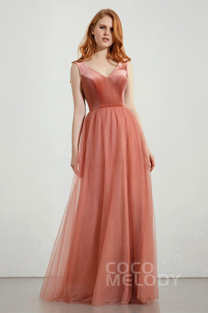 A-Line Floor Length Velvet/Tulle Bridesmaid Dress Formal Dresses CB0431 - COCOMELODY
