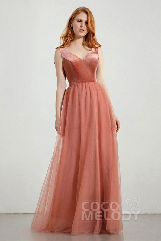 A-Line Floor Length Velvet/Tulle Bridesmaid Dress Formal Dresses CB0431 - COCOMELODY