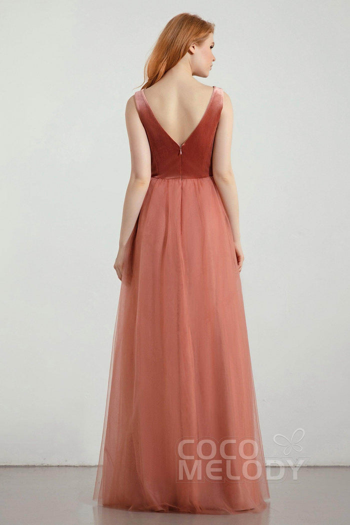 A-Line Floor Length Velvet/Tulle Bridesmaid Dress Formal Dresses CB0431 - COCOMELODY
