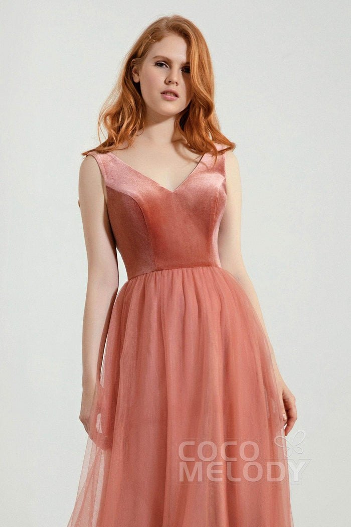 A-Line Floor Length Velvet/Tulle Bridesmaid Dress Formal Dresses CB0431 - COCOMELODY