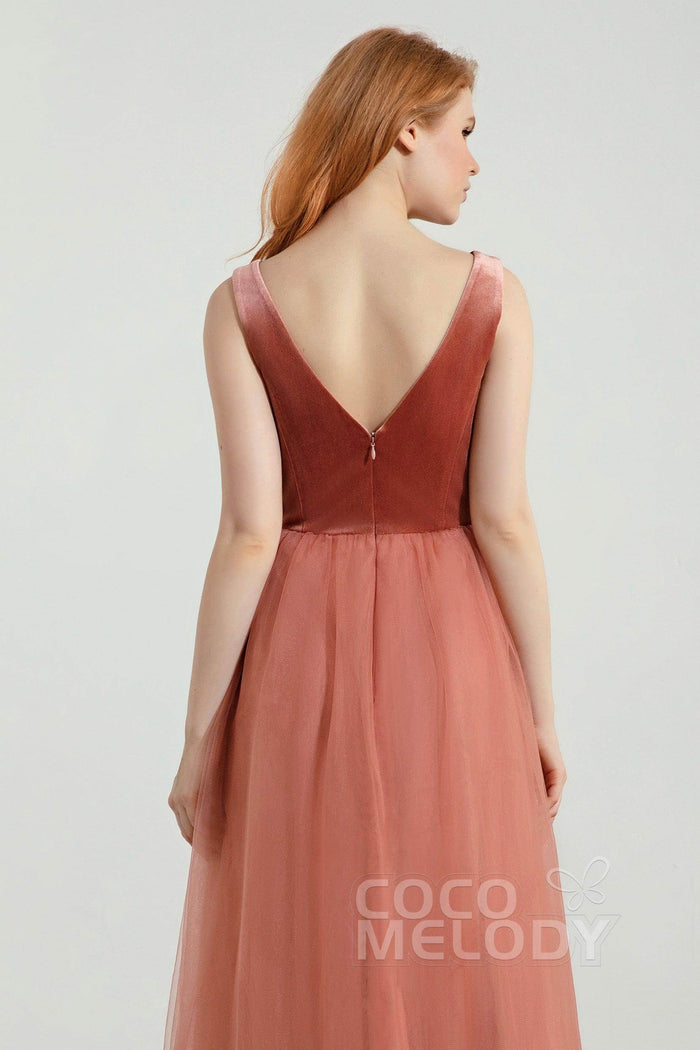 A-Line Floor Length Velvet/Tulle Bridesmaid Dress Formal Dresses CB0431 - COCOMELODY