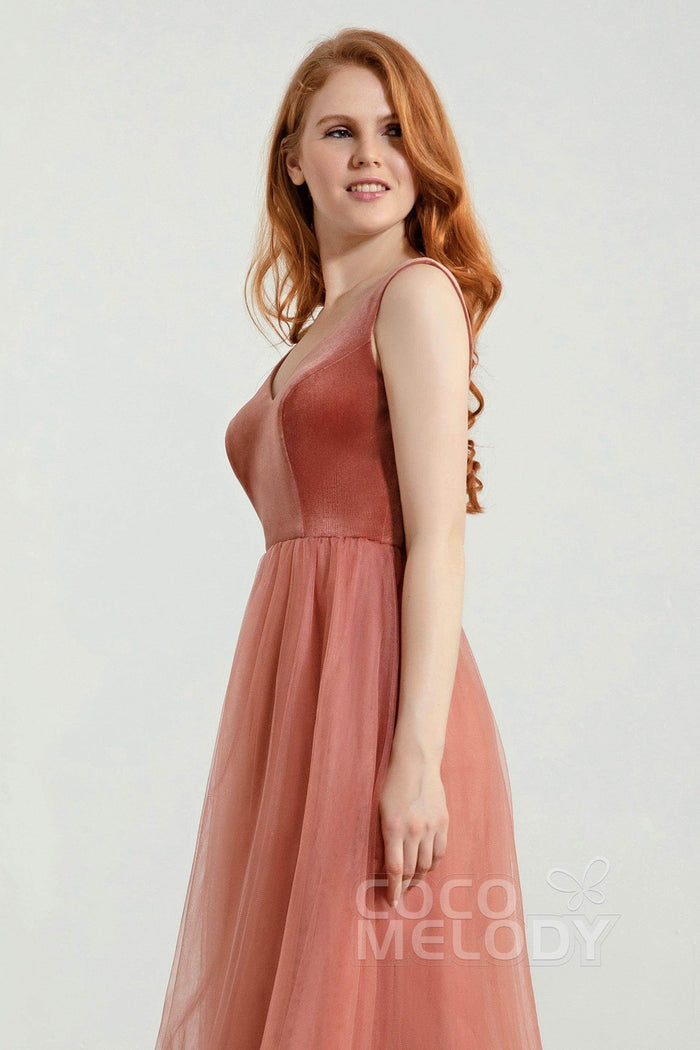 A-Line Floor Length Velvet/Tulle Bridesmaid Dress Formal Dresses CB0431 - COCOMELODY
