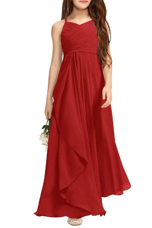 A-Line Halter Junior Bridesmaid Dress - Flowy Chiffon Maxi Gown B0C7CGNHD6 - COCOMELODY