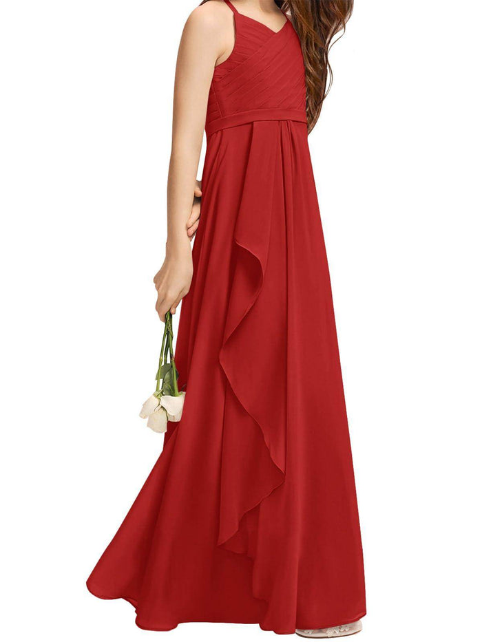 A-Line Halter Junior Bridesmaid Dress - Flowy Chiffon Maxi Gown B0C7CGNHD6 - COCOMELODY