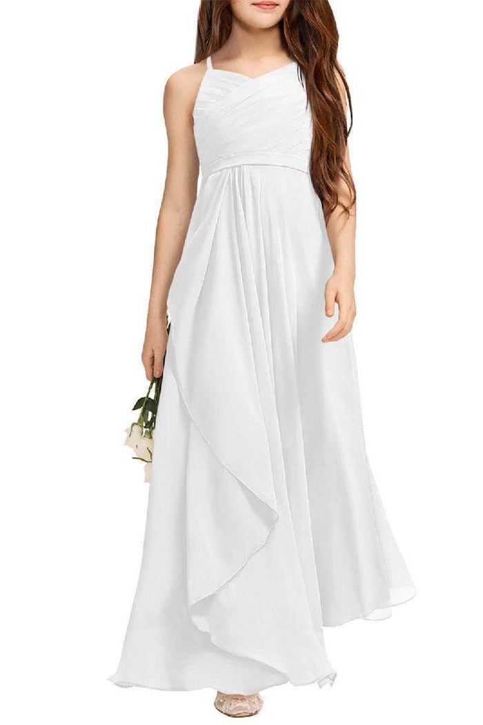 A-Line Halter Junior Bridesmaid Dress - Flowy Chiffon Maxi Gown B0C7CGNHD6 - COCOMELODY