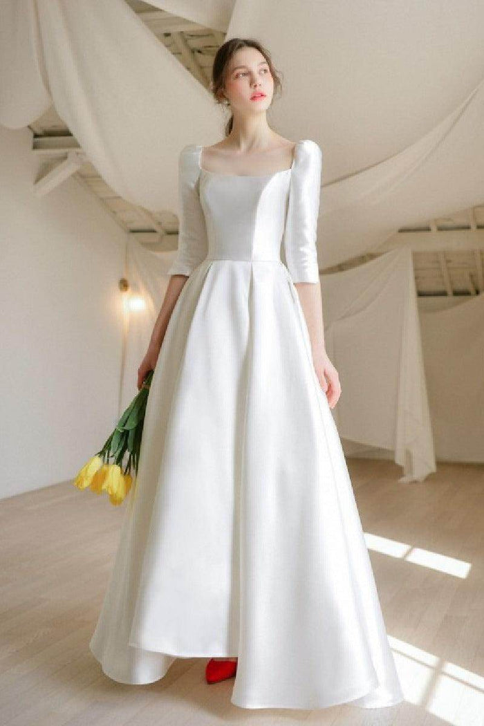 A-Line High-Low Satin Wedding Dress 675834048411 - COCOMELODY