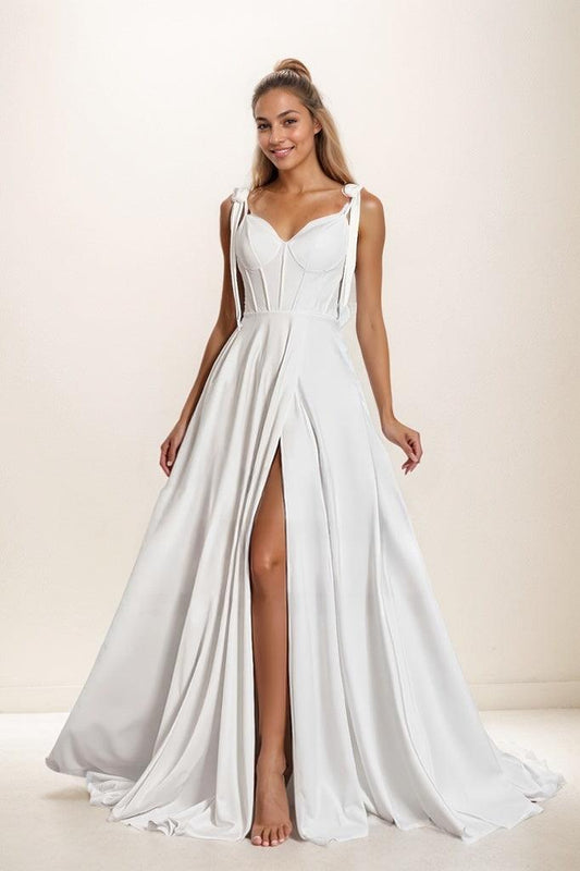 A-Line High Split Sweep Train Matte Satin Prom Dresses CS0807 - COCOMELODY