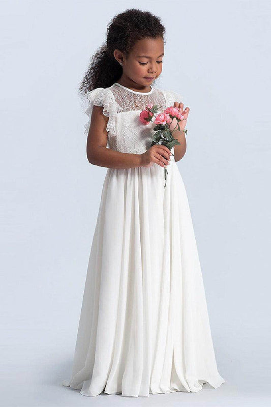 A-Line Illusion Neck Chiffon Flower Girl Dresses 642898843181 - COCOMELODY