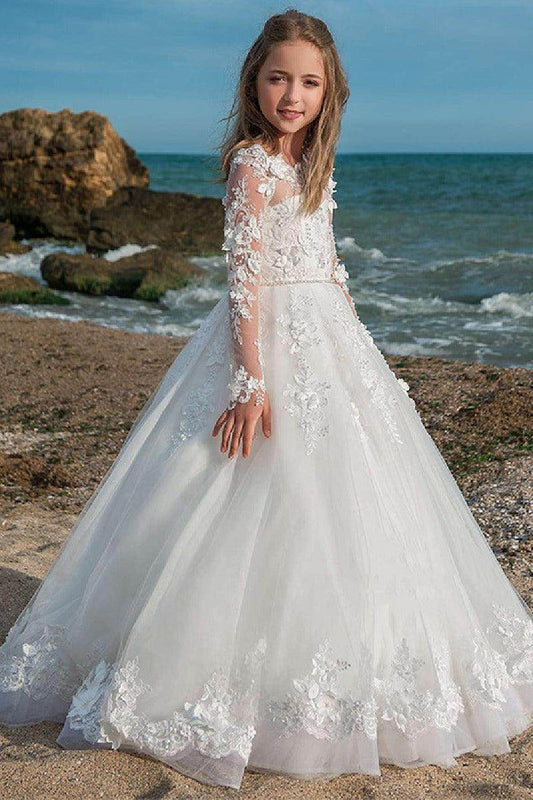 A-Line Illusion Neck Long Sleeve Lace/Tulle Flower Girl Dresses 676090301354 - COCOMELODY