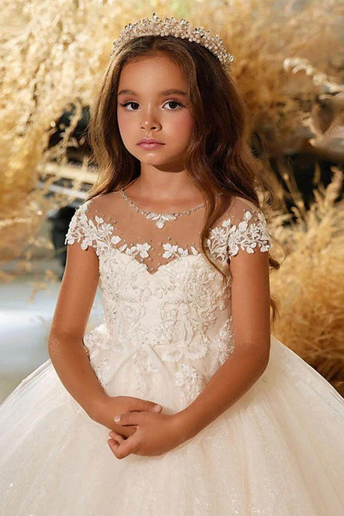 A-Line Illusion Neck Short Sleeve Sparkle Tulle Court Train Flower Girl Dresses 771199101200 - COCOMELODY